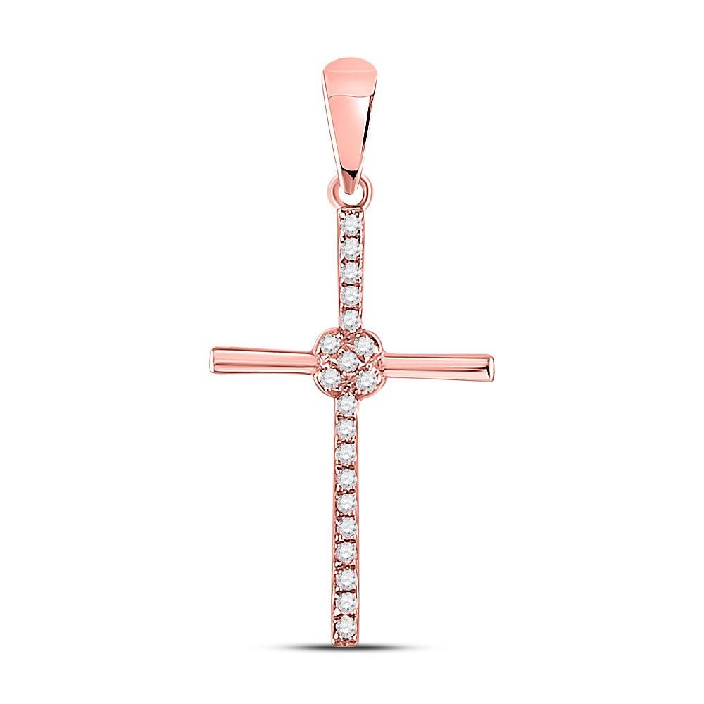 Radiant Faith: 10kt Rose Gold Womens Round Diamond Cross Pendant 1/12 Cttw - Splendid Jewellery