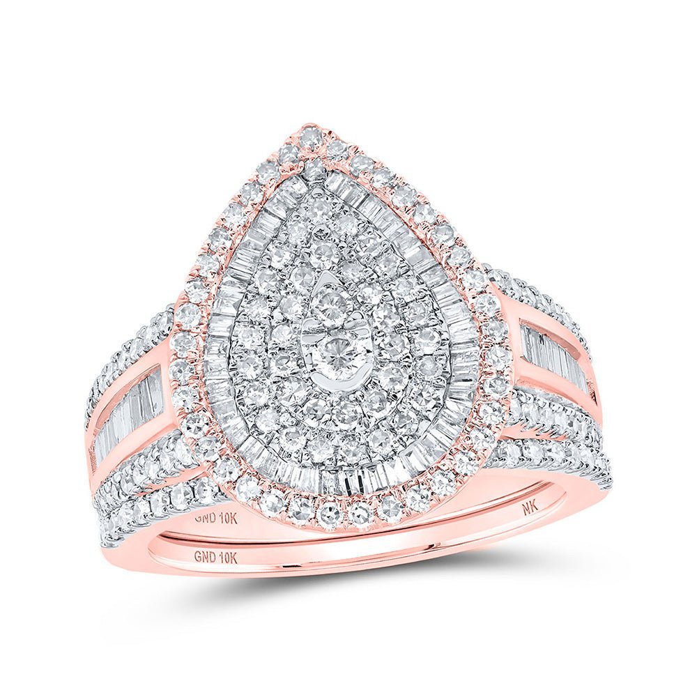 Radiant Love: 10kt Rose Gold Diamond Teardrop Bridal Wedding Ring Band Set - Splendid Jewellery