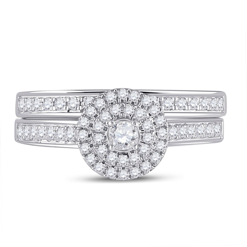 Radiant Love: 10kt White Gold Round Diamond Halo Bridal Wedding Ring Band Set - Splendid Jewellery