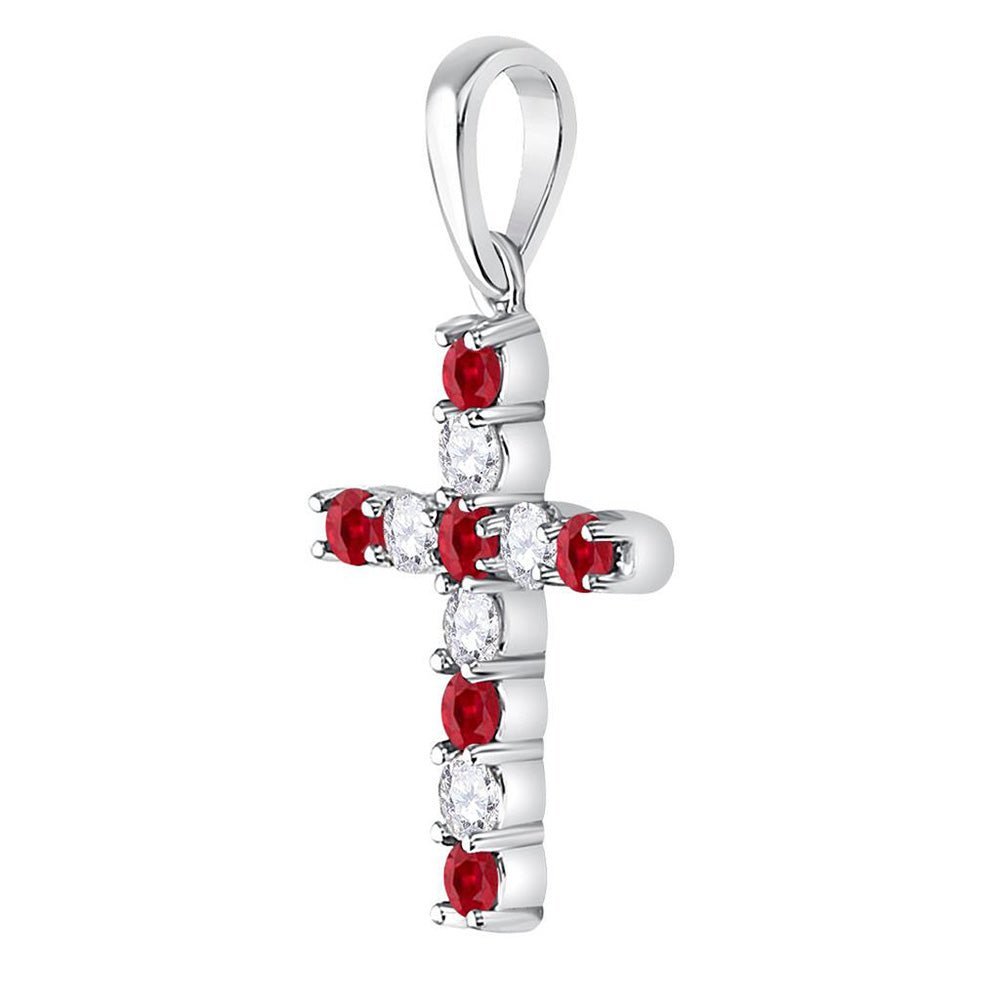 Radiant Love: 10kt White Gold Womens Round Lab - Created Ruby Faith Cross Pendant 3/8 Cttw - Splendid Jewellery