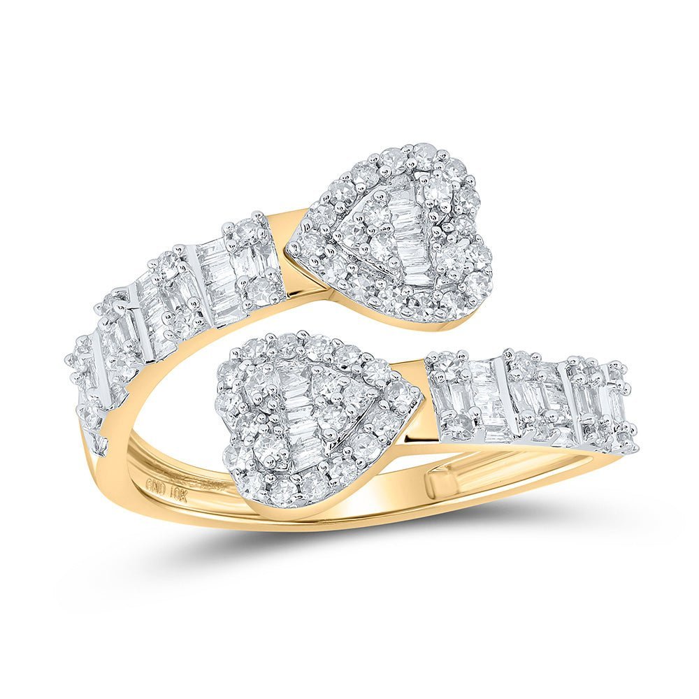 Radiant Love: 10kt Yellow Gold Baguette Diamond Cuff Bypass Heart Ring - Splendid Jewellery