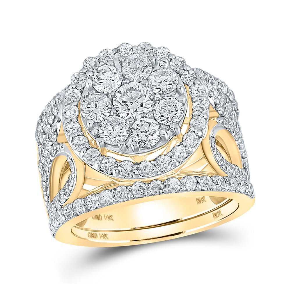 Radiant Love: 10kt Yellow Gold Diamond Cluster Bridal Wedding Ring Band Set - Splendid Jewellery