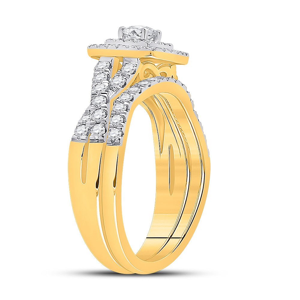 Radiant Love: 10kt Yellow Gold Diamond Halo Bridal Wedding Ring Band Set - Splendid Jewellery