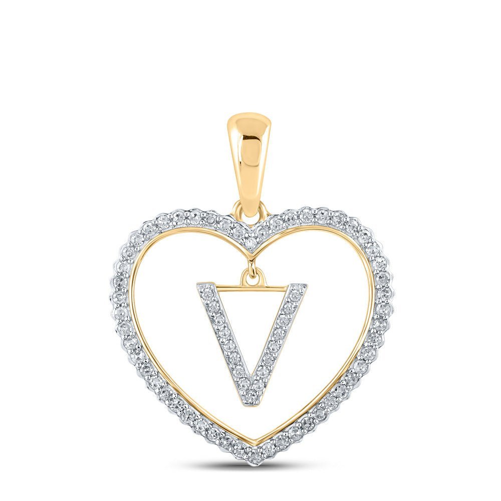 Radiant Love: 10kt Yellow Gold Diamond Heart V Initial Pendant - Splendid Jewellery