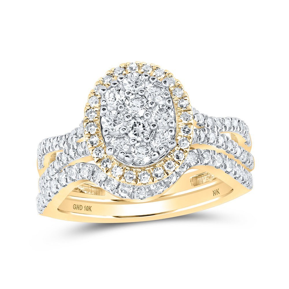 Radiant Love: 10kt Yellow Gold Diamond Oval Cluster Bridal Wedding Ring Set - Splendid Jewellery