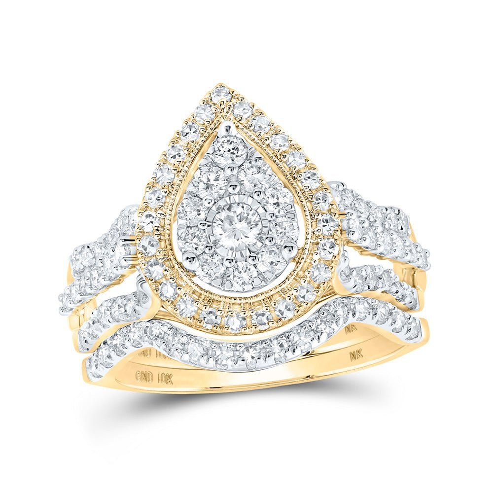 Radiant Love: 10kt Yellow Gold Diamond Teardrop Bridal Wedding Ring Band Set 1 Cttw - Splendid Jewellery