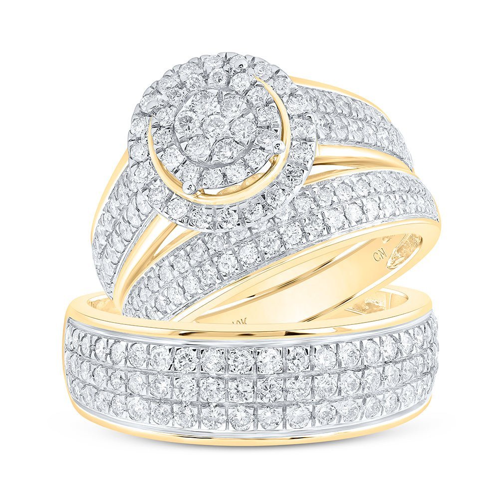 Radiant Love: 10kt Yellow Gold His Hers Round Diamond Cluster Matching Wedding Set 1 - 3/4 Cttw - Splendid Jewellery