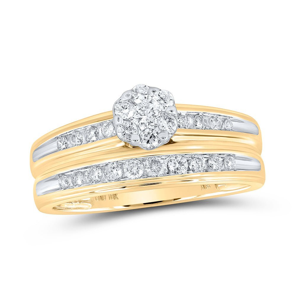 Radiant Love: 10kt Yellow Gold His Hers Round Diamond Cluster Matching Wedding Set 3/4 Cttw - Splendid Jewellery