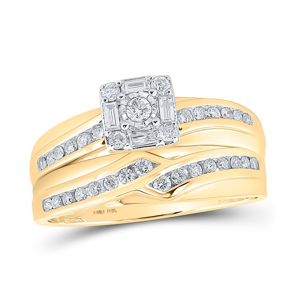 Radiant Love: 10kt Yellow Gold His Hers Round Diamond Square Matching Wedding Set - Splendid Jewellery