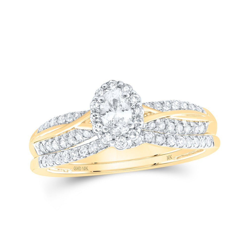 Radiant Love | 10kt Yellow Gold Oval Diamond Halo Bridal Wedding Ring Band Set 1/2 Cttw - Splendid Jewellery