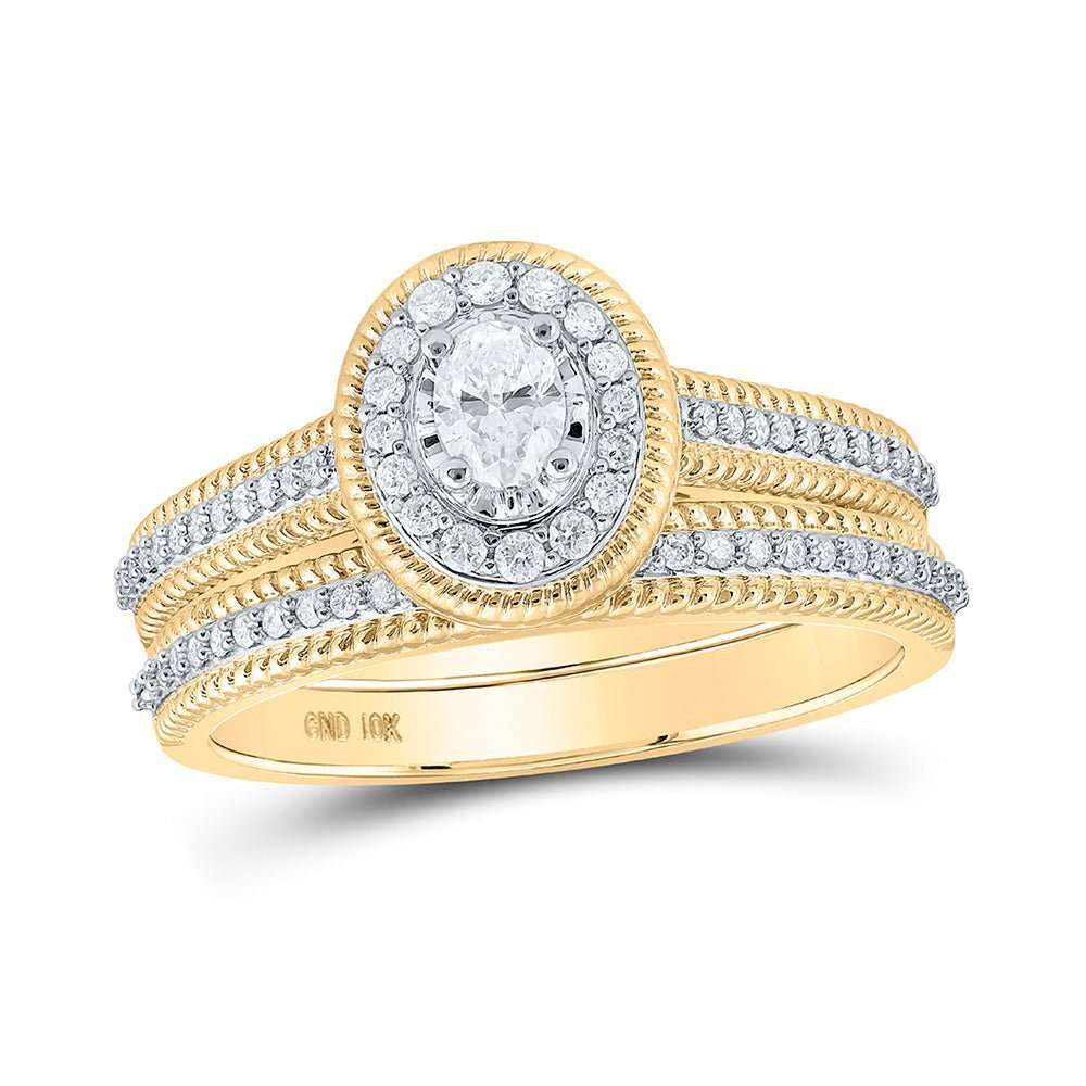 Radiant Love: 10kt Yellow Gold Oval Diamond Halo Bridal Wedding Ring Band Set 1/2 Cttw - Splendid Jewellery