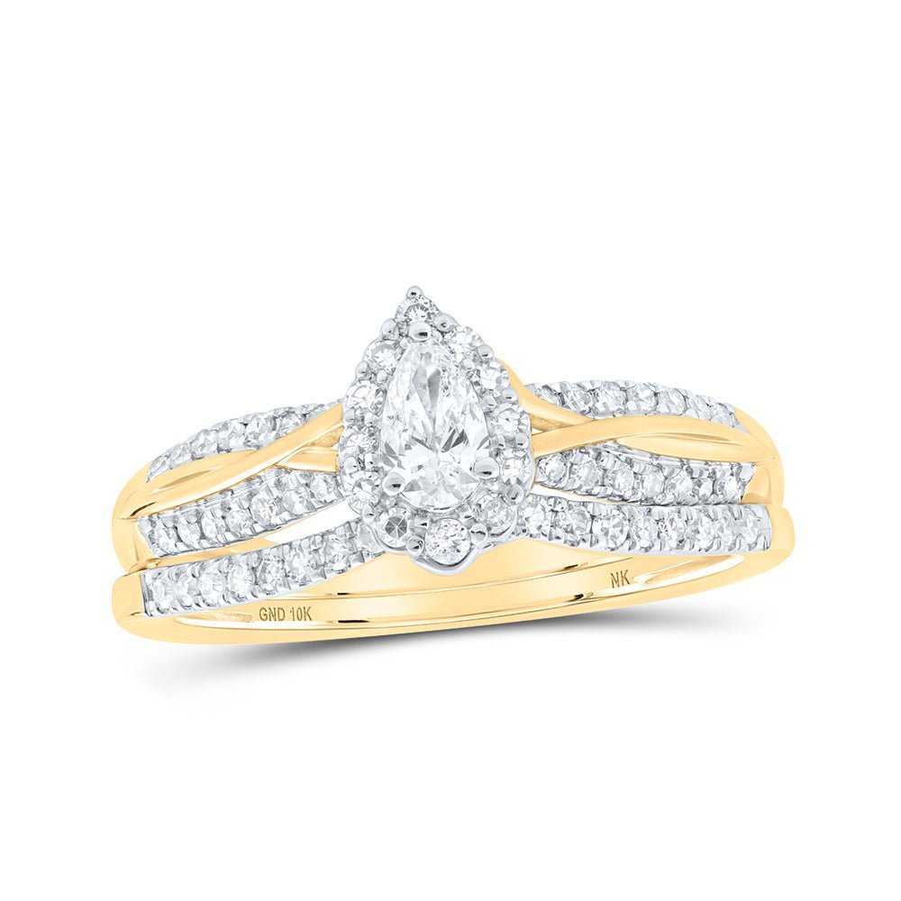 Radiant Love: 10kt Yellow Gold Pear Diamond Halo Bridal Wedding Ring Band Set 1/2 Cttw - Splendid Jewellery