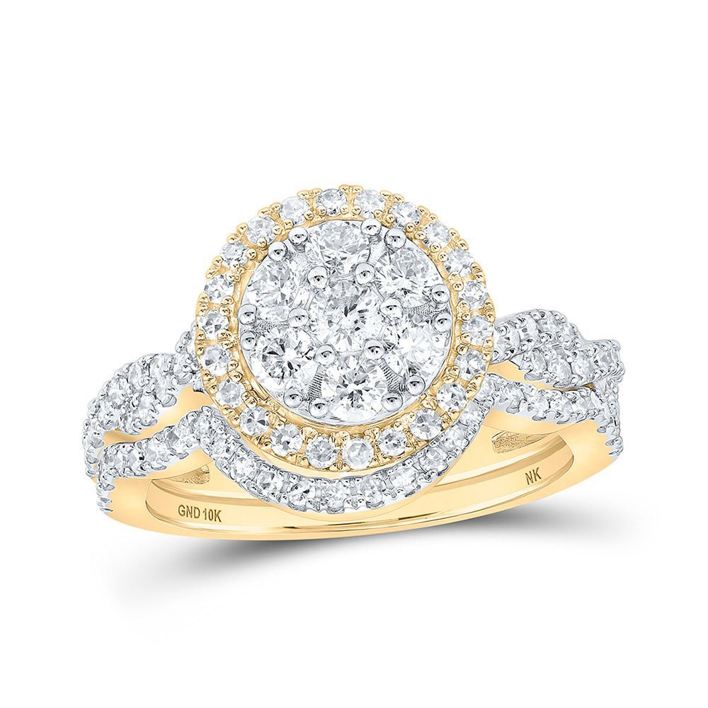 Radiant Love - 10kt Yellow Gold Round Diamond Cluster Bridal Wedding Ring Band Set 1 Cttw - Splendid Jewellery