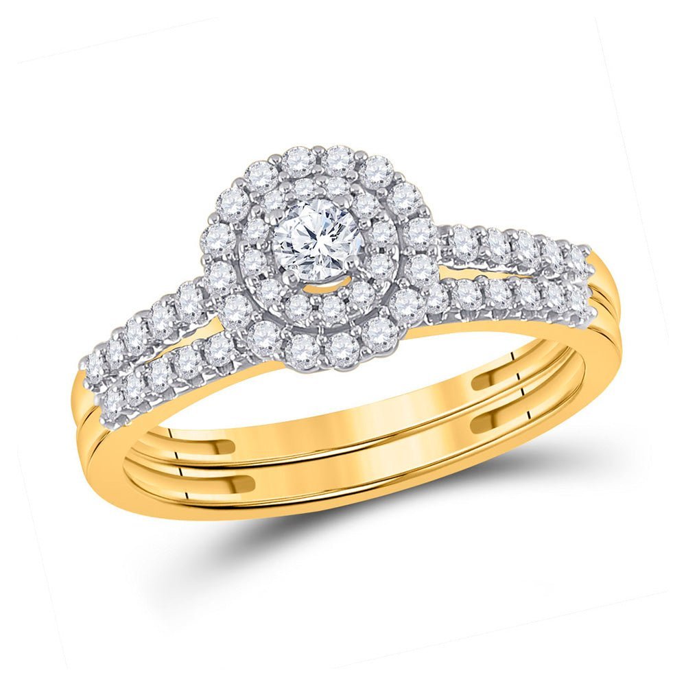 Radiant Love: 10kt Yellow Gold Round Diamond Halo Bridal Wedding Ring Band Set 1/2 Cttw - Splendid Jewellery