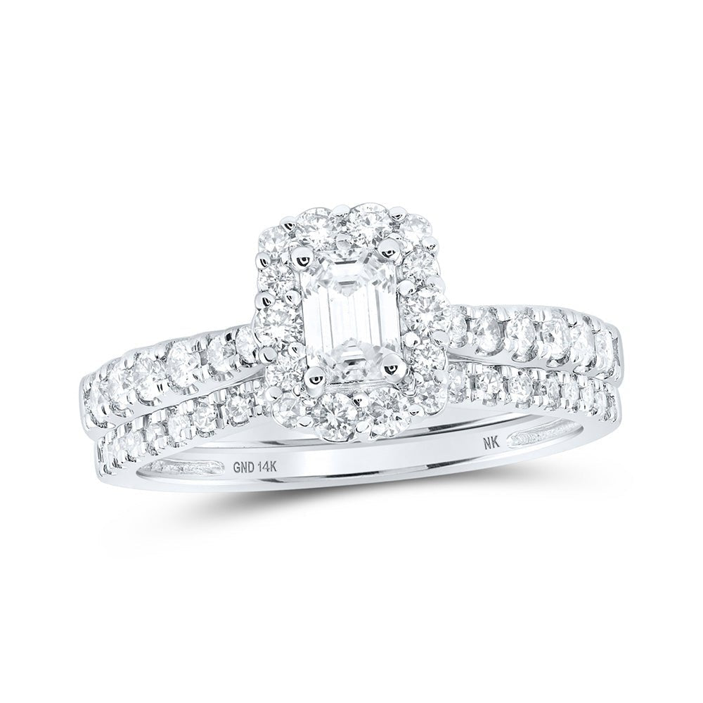 Radiant Love 14kt White Gold Emerald Diamond Halo Bridal Wedding Ring Band Set - Splendid Jewellery