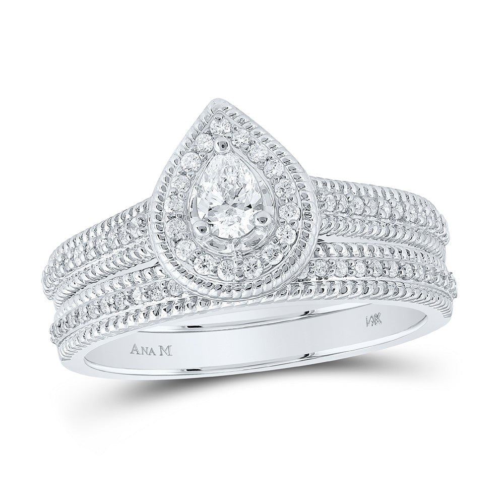 Radiant Love: 14kt White Gold Pear Diamond Halo Bridal Wedding Ring Band Set 1/2 Cttw - Splendid Jewellery