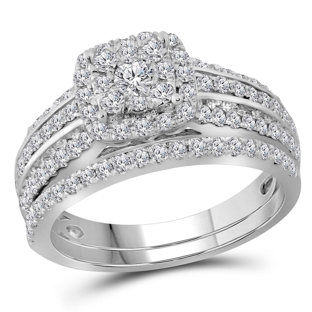 Radiant Love | 14kt White Gold Round Diamond Double Halo Bridal Wedding Ring Band Set 1 Cttw | Splendid Jewellery - Splendid Jewellery