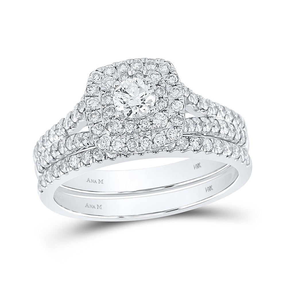 Radiant Love: 14kt White Gold Round Diamond Halo Bridal Wedding Ring Band Set - Splendid Jewellery