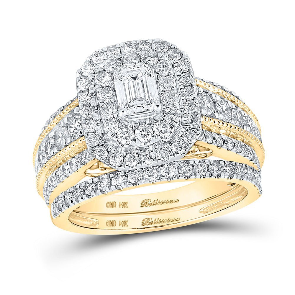 Radiant Love: 14kt Yellow Gold Emerald Diamond Bridal Wedding Ring Band Set 2 Cttw - Splendid Jewellery