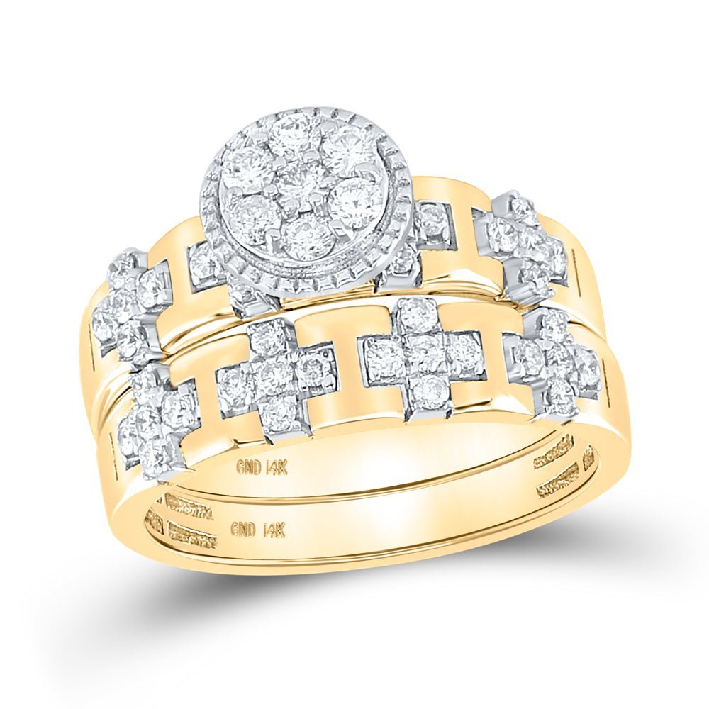 Radiant Love: 14kt Yellow Gold His Hers Round Diamond Cluster Matching Wedding Set - Splendid Jewellery