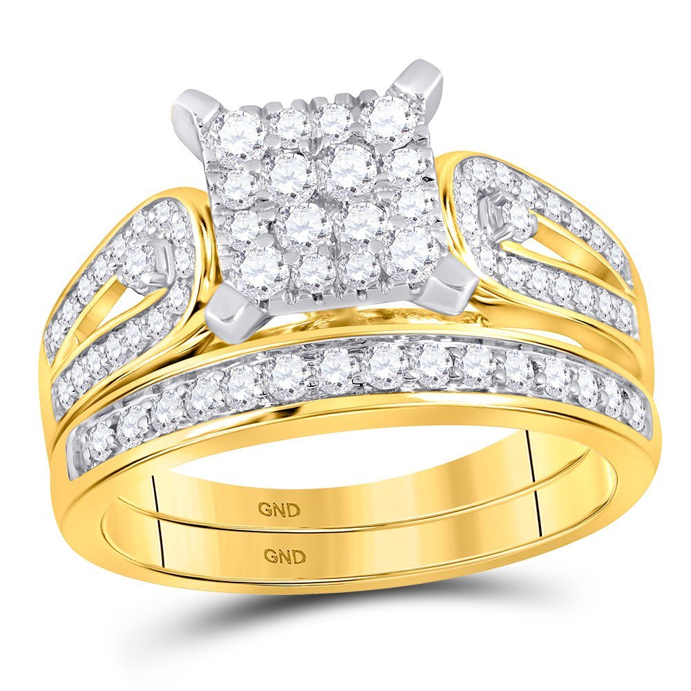 Radiant Love: 14kt Yellow Gold His Hers Round Diamond Square Matching Wedding Set 1 - 1/5 Cttw - Splendid Jewellery