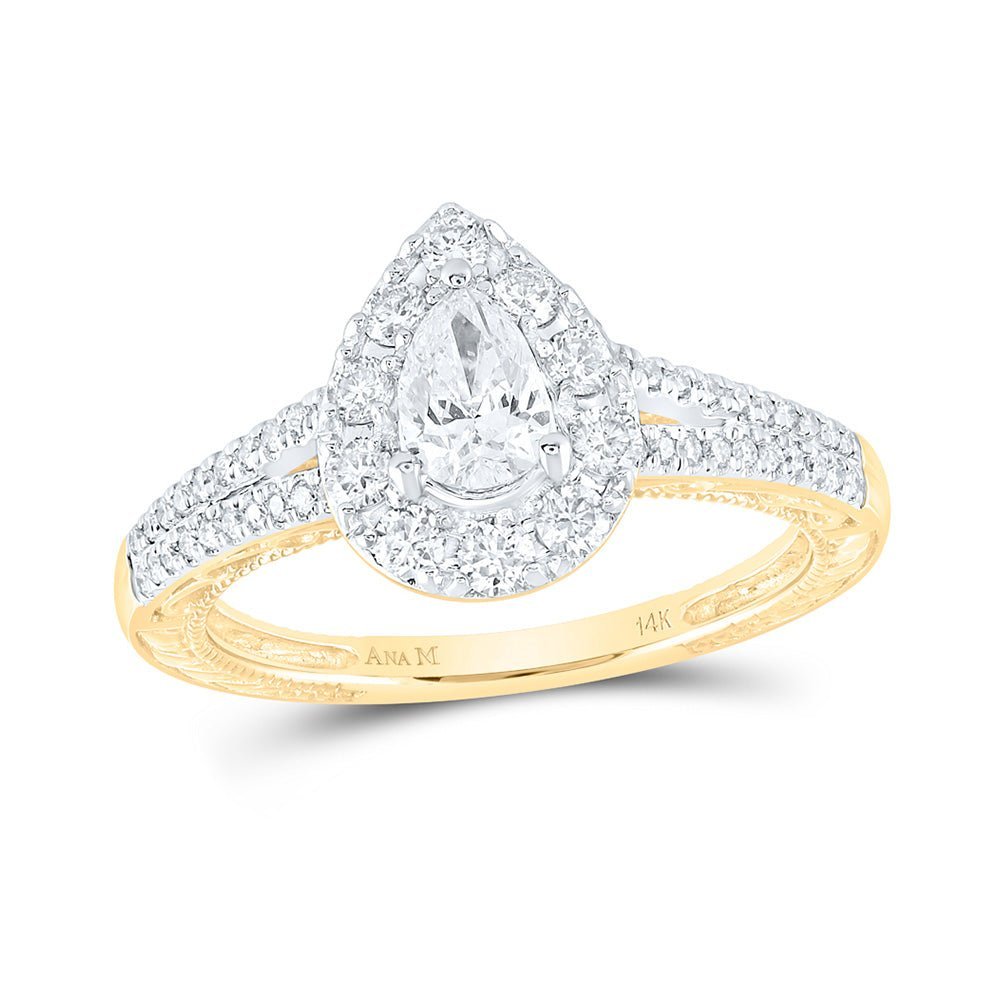 Radiant Love: 14kt Yellow Gold Pear Diamond Halo Bridal Wedding Engagement Ring - Splendid Jewellery