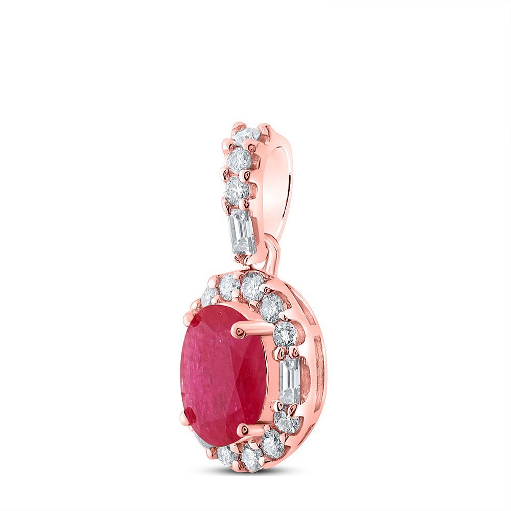 Radiant Passion: 14kt Rose Gold Womens Oval Ruby Diamond Fashion Pendant - Splendid Jewellery