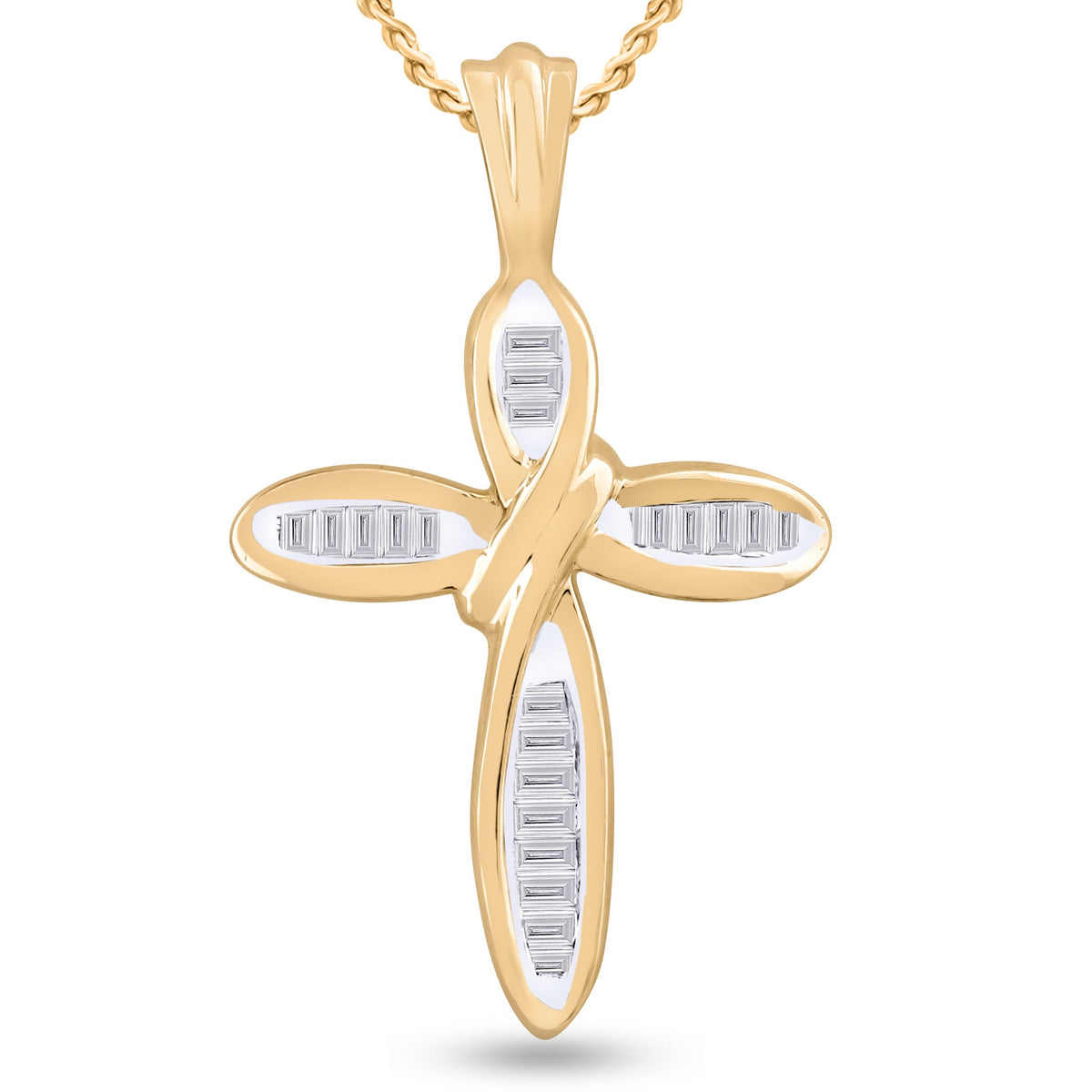 Radiant Reflections: 10kt Yellow Gold Baguette Diamond Cross Pendant - Splendid Jewellery