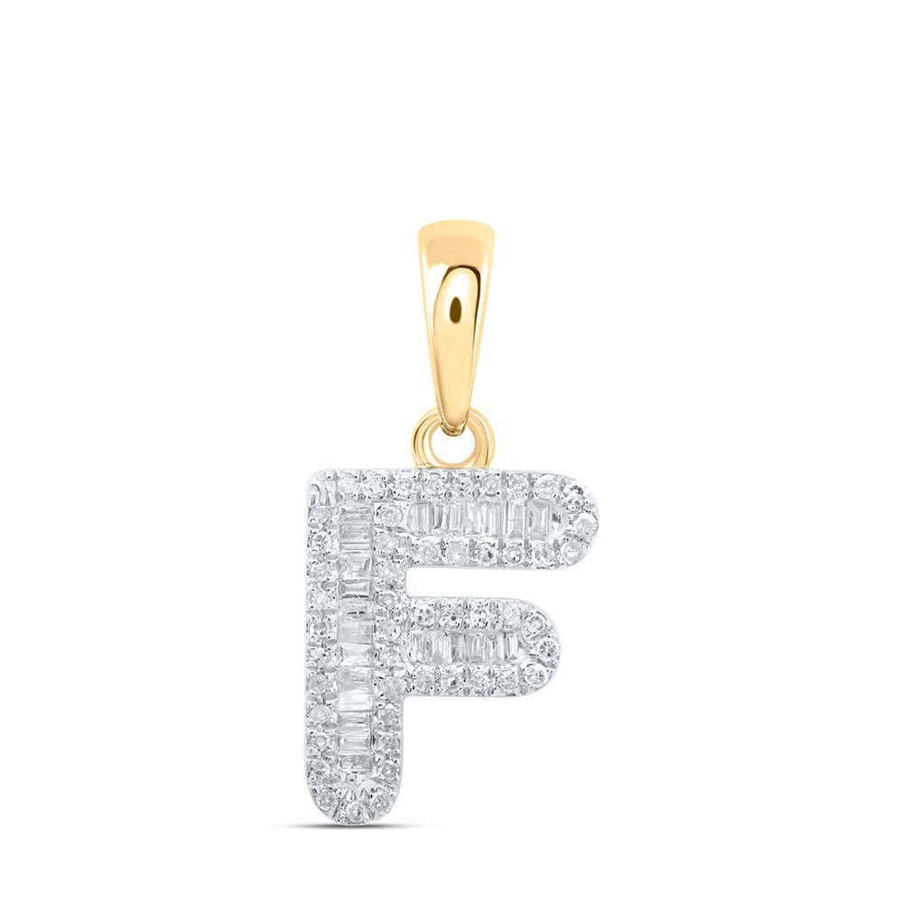 Radiant Reflections: 10kt Yellow Gold Baguette Diamond F Initial Pendant - Splendid Jewellery