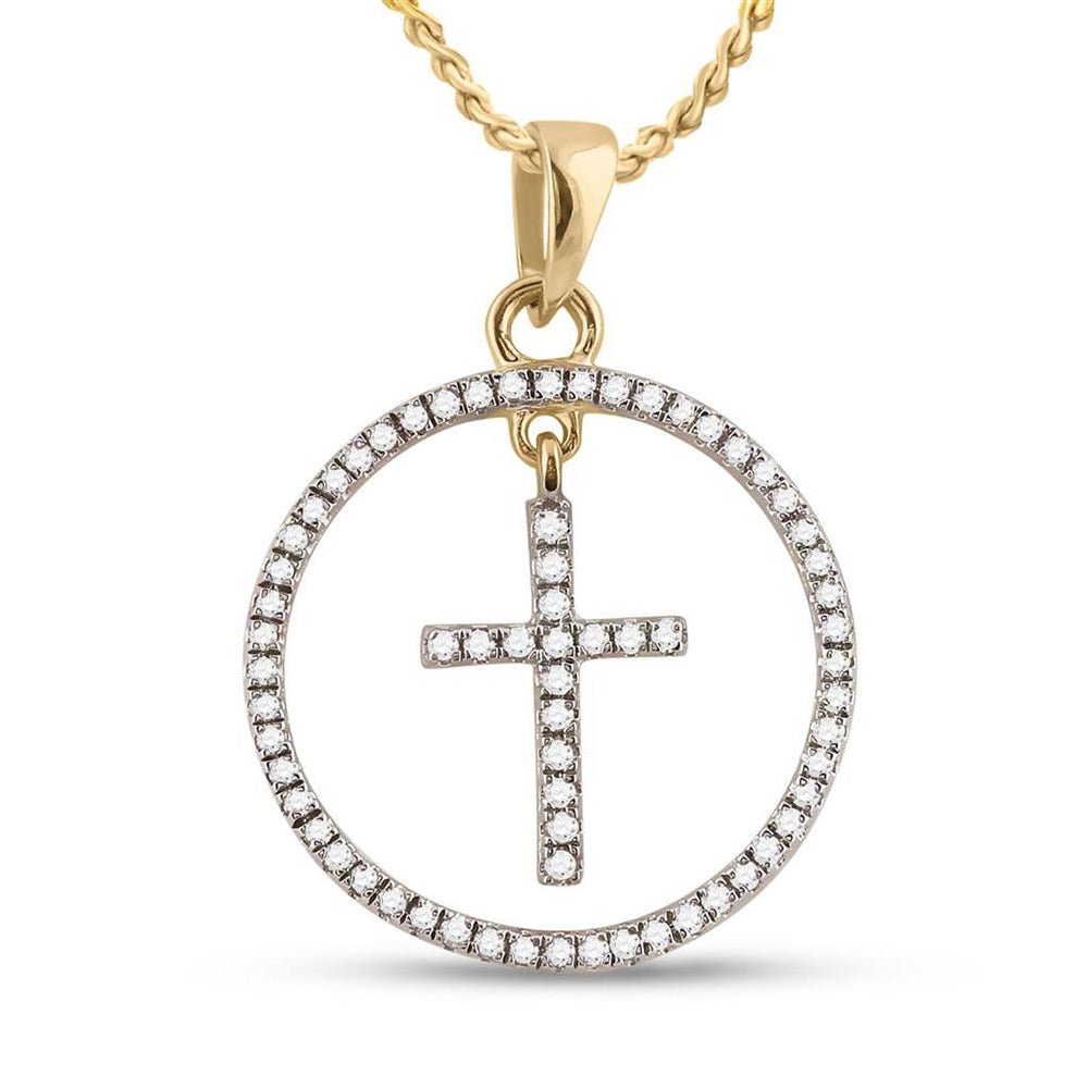 Radiant Reflections: 10kt Yellow Gold Womens Round Diamond Circle Cross Pendant 1/4 Cttw - Splendid Jewellery