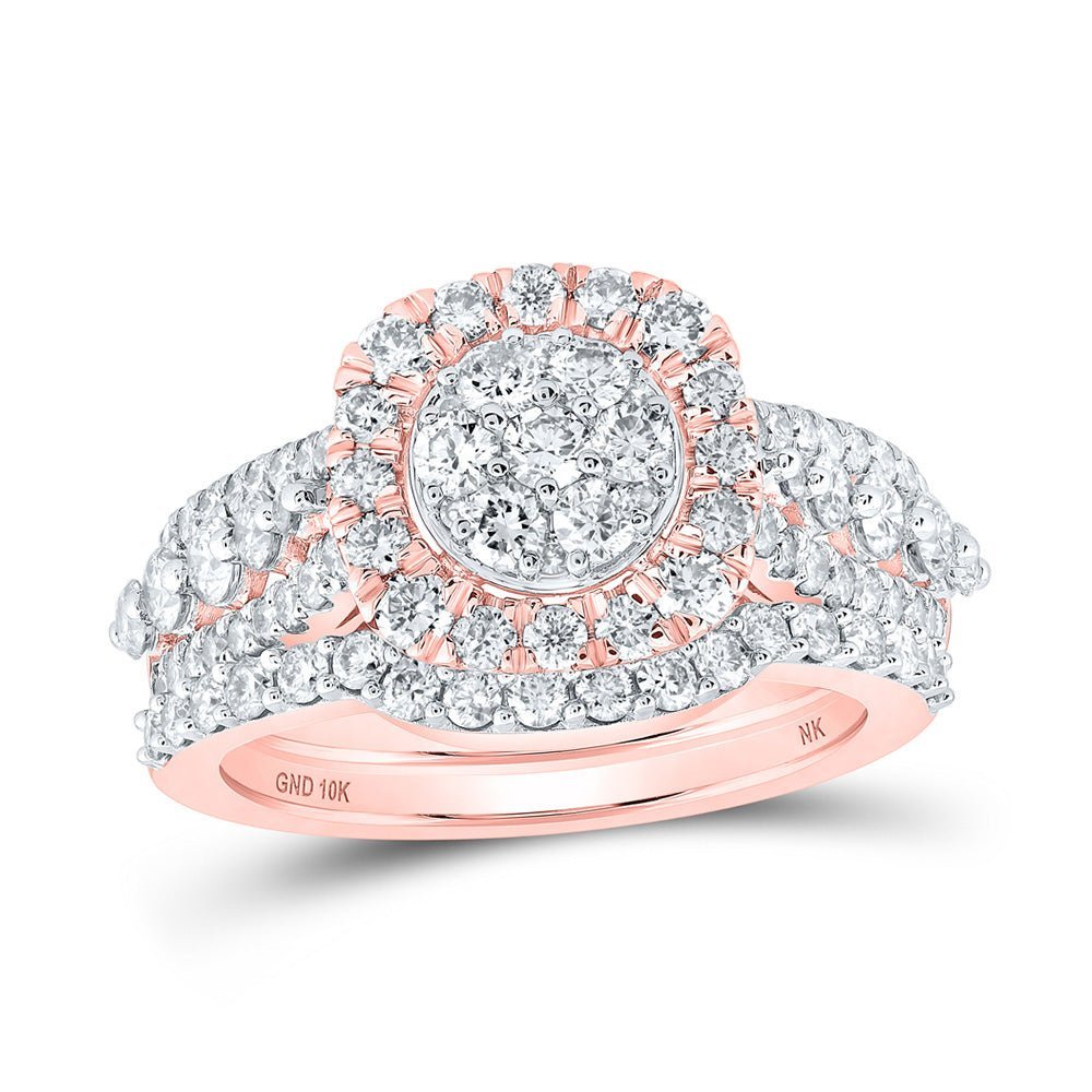 Radiant Rose Gold Diamond Cluster Wedding Ring Set - 1 - 1/2 Cttw - Splendid Jewellery