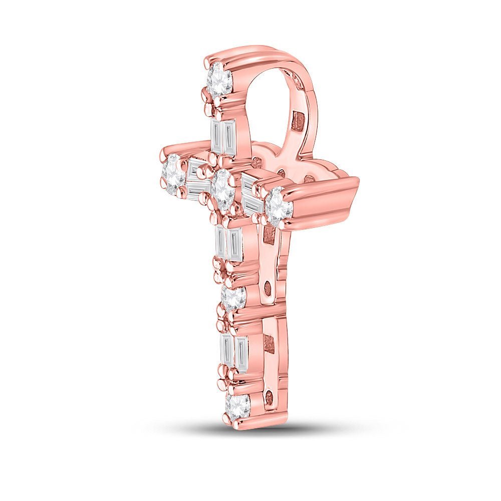 Radiant Rose Gold Diamond Cross Pendant | Exquisite Baguette and Round Diamond Design | 1/4 Cttw - Splendid Jewellery