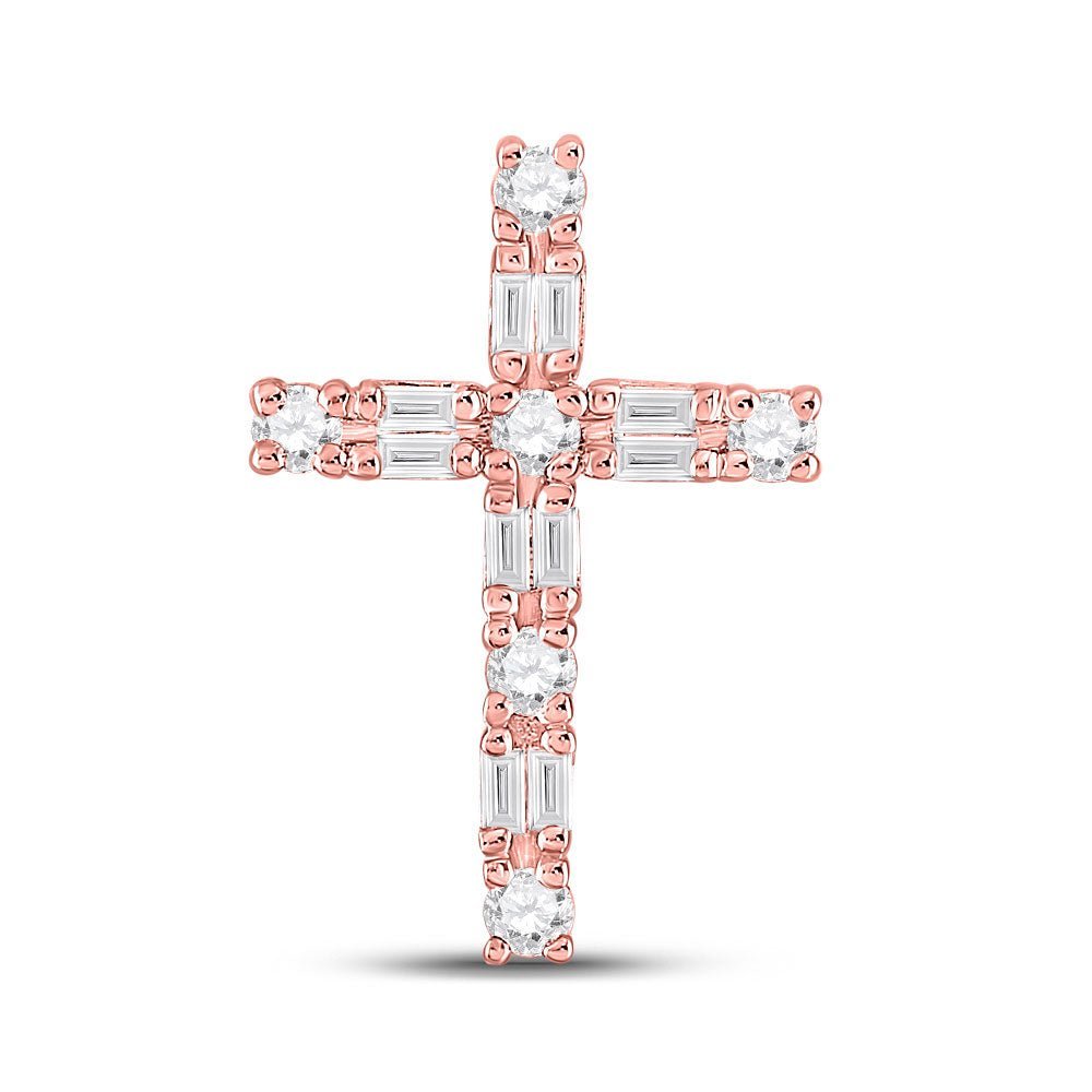 Radiant Rose Gold Diamond Cross Pendant | Exquisite Baguette and Round Diamond Design | 1/4 Cttw - Splendid Jewellery