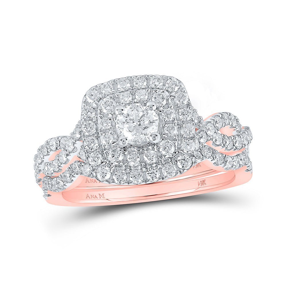 Radiant Rose Gold Diamond Twist Halo Bridal Wedding Ring Band Set - Splendid Jewellery