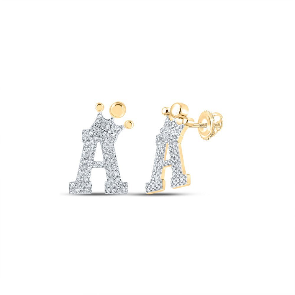 Radiant Royalty 10kt Yellow Gold Diamond Crown A Letter Earrings - Splendid Jewellery