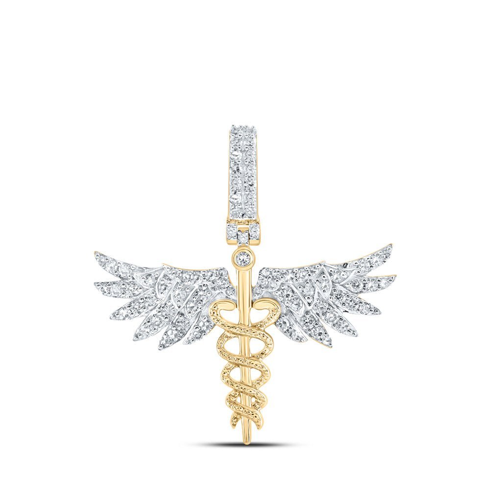 Radiant Serpent's Wings Pendant | 10kt Yellow Gold Womens Round Diamond Caduceus Medical Pendant 5/8 Cttw | Splendid Jewellery - Splendid Jewellery