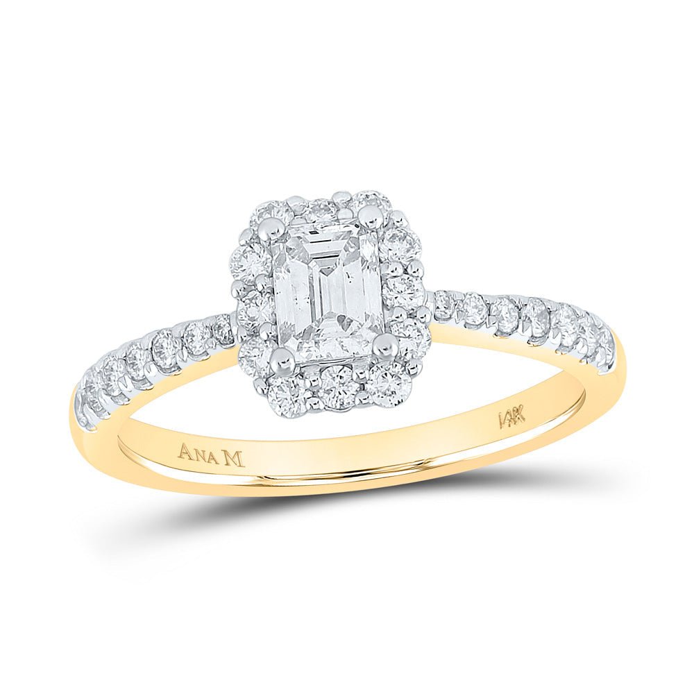 Radiant Splendor: 14kt Yellow Gold Emerald Diamond Halo Bridal Wedding Engagement Ring 7/8 Cttw - Splendid Jewellery