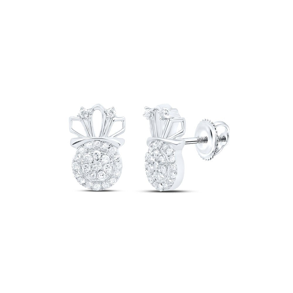 Regal Radiance: 10kt White Gold Womens Round Diamond Crown Earrings 1/5 Cttw - Splendid Jewellery