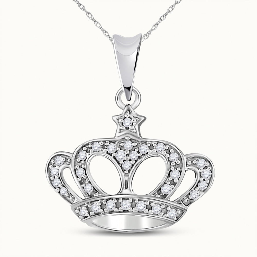 Regal Radiance: 10kt White Gold Womens Round Diamond Crown Pendant - Splendid Jewellery