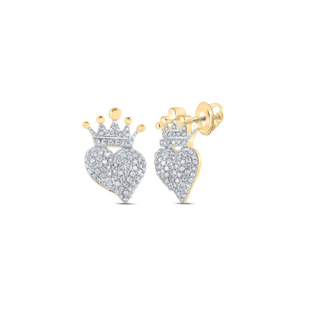 Regal Radiance: 10kt Yellow Gold Diamond Crown Heart Earrings - Splendid Jewellery