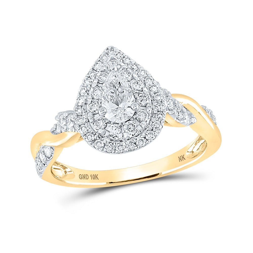 Regal Radiance: 10kt Yellow Gold Pear Diamond Halo Bridal Wedding Engagement Ring 1 Cttw - Splendid Jewellery