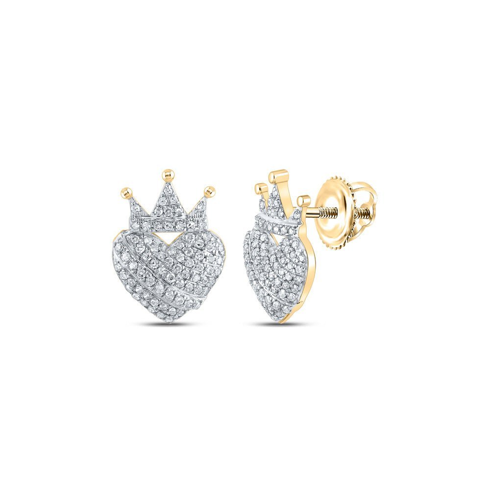 Regal Radiance: 10kt Yellow Gold Womens Round Diamond Crown Heart Earrings 3/8 Cttw - Splendid Jewellery