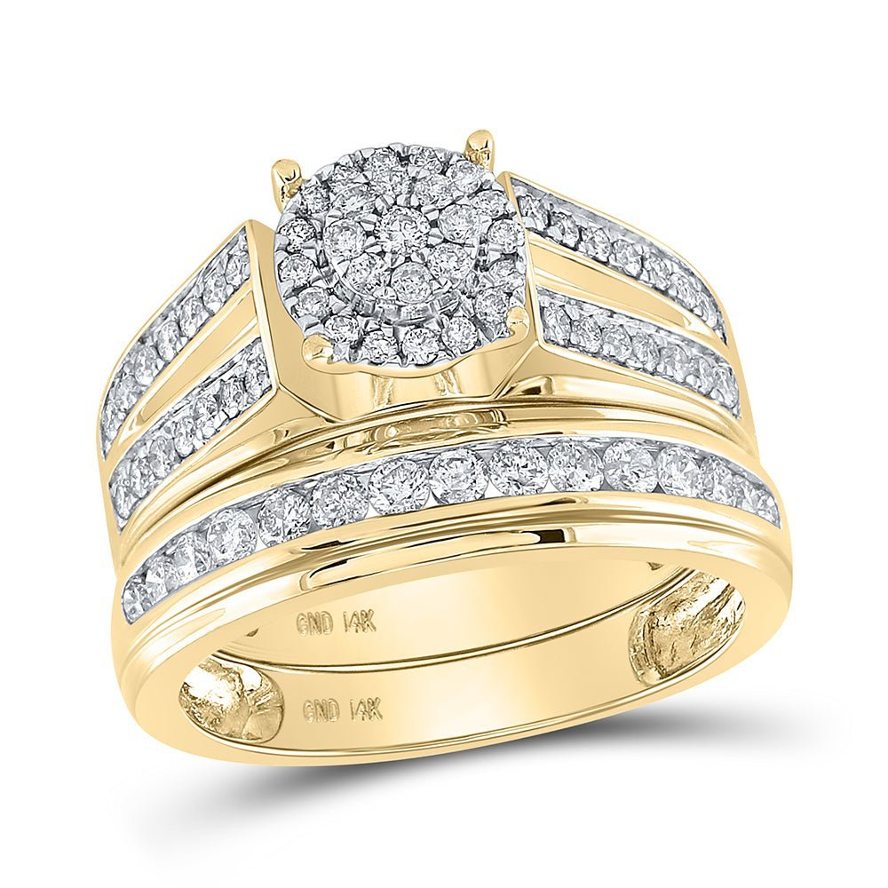 Romantic Brilliance: 14kt Yellow Gold His Hers Round Diamond Cluster Wedding Set - Splendid Jewellery