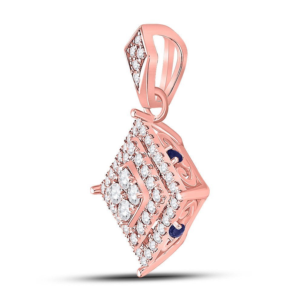 Rose Gold Diamond and Sapphire Cluster Pendant | Stunning 14kt Rose Gold Womens Round Diamond Offset Square Pendant with Lab Blue Sapphire | Splendid Jewellery - Splendid Jewellery