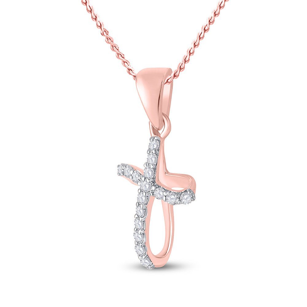 Rose Gold Diamond Cross Pendant | Elegant 10kt Rose Gold Womens Round Diamond Cross Pendant 1/10 Cttw - Splendid Jewellery