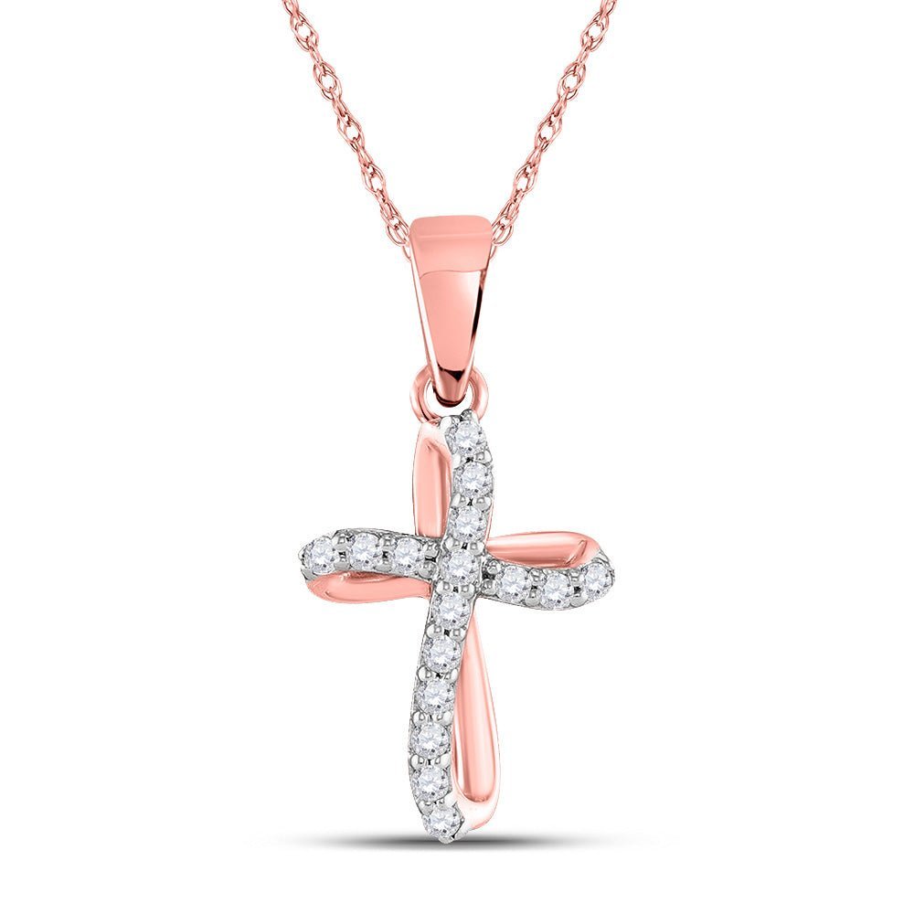 Rose Gold Diamond Cross Pendant | Elegant 10kt Rose Gold Womens Round Diamond Cross Pendant 1/10 Cttw - Splendid Jewellery