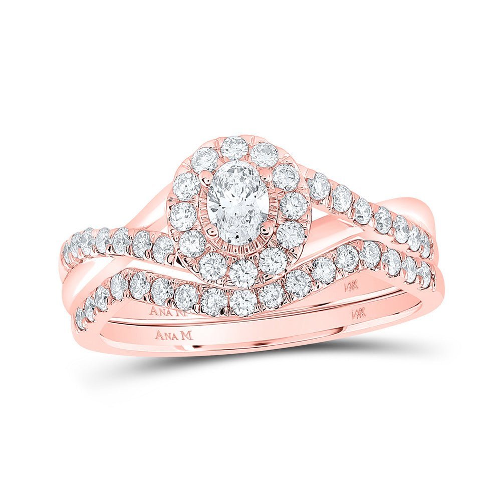 Rose Gold Radiance: 14kt Oval Diamond Halo Bridal Wedding Ring Set 3/4 Cttw - Splendid Jewellery