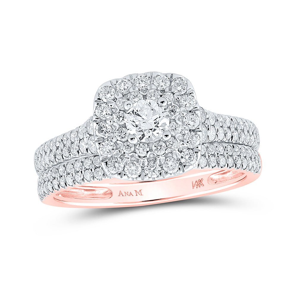 Rose Gold Radiance: 14kt Round Diamond Square Halo Bridal Wedding Ring Band Set - Splendid Jewellery
