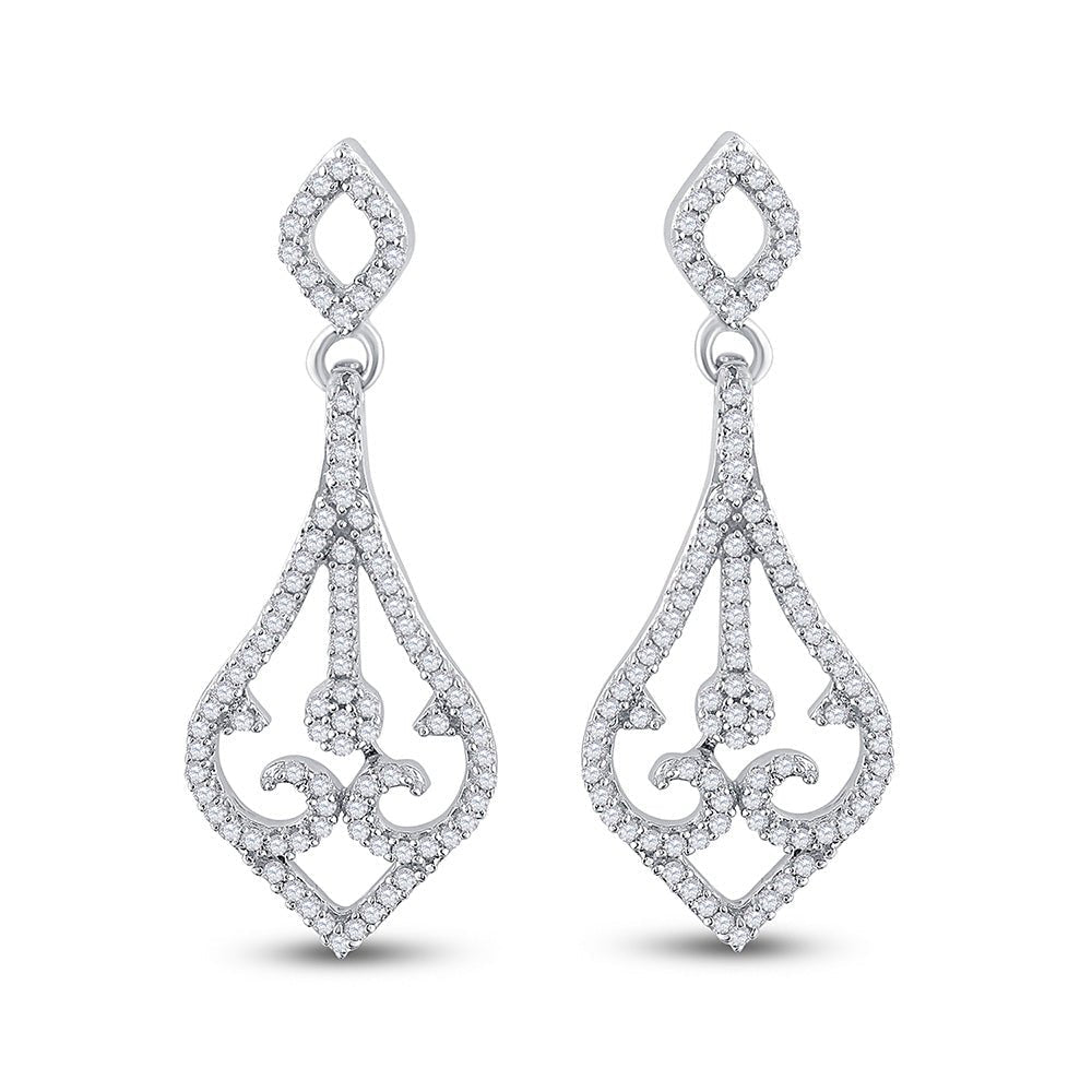 Scrolling Brilliance: 10kt White Gold Diamond Teardrop Dangle Earrings - Splendid Jewellery