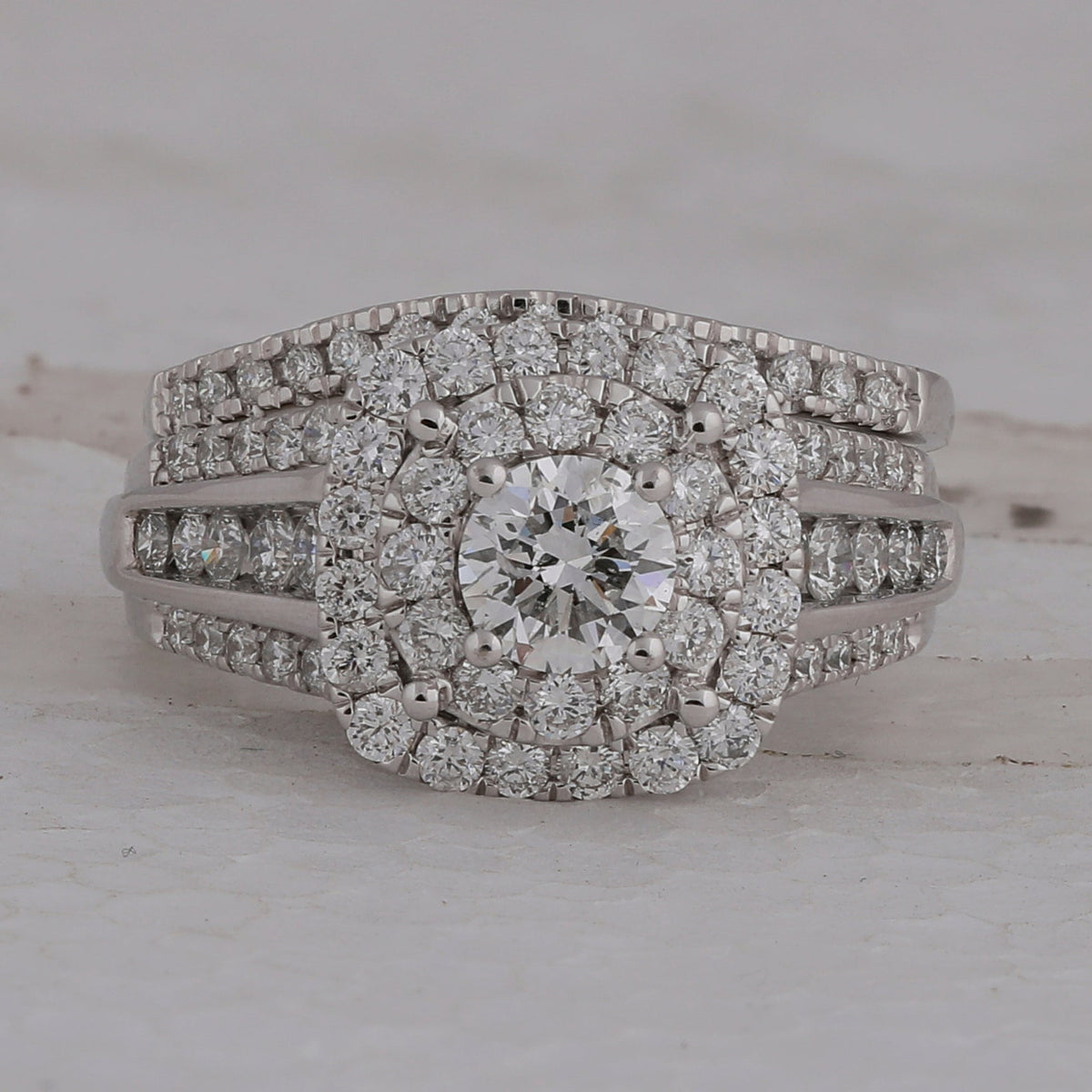 Sparkling Halo Diamond and Sapphire Bridal Wedding Ring Set - Splendid Jewellery